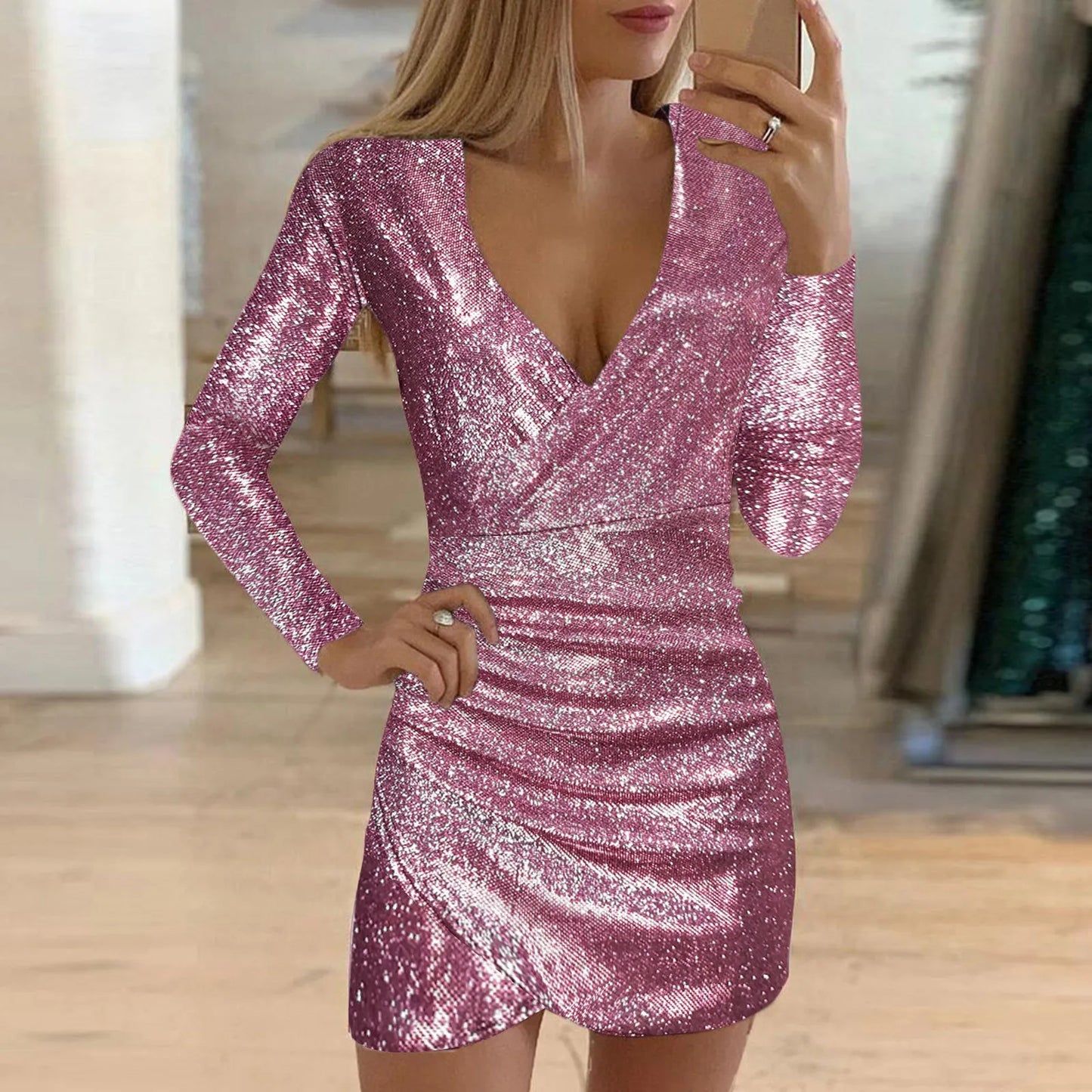 Pailletten Abendkleid mit V-Ausschnitt