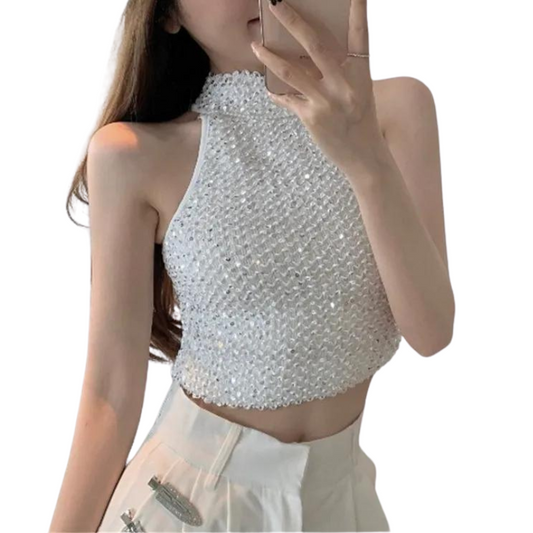Top Pailletten Tanktop Weiß