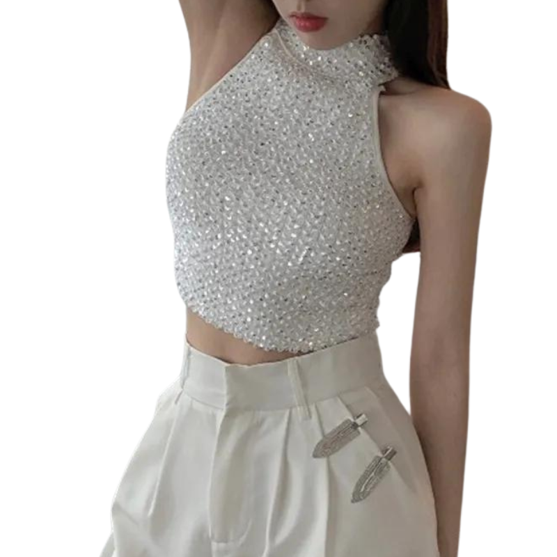 Top Pailletten Tanktop Weiß