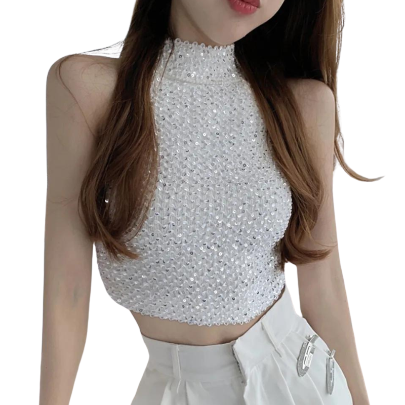 Top Pailletten Tanktop Weiß