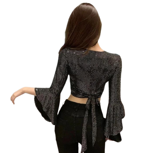 Croc-Top-Pailletten Col V Manches Evasées