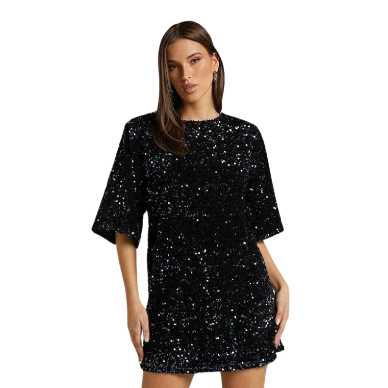 Pailletten-T-Shirt-Kleid mit offenem Rücken
