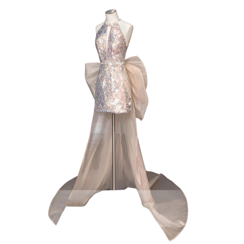 Pink Pailletten Tüll Kleid mit Schleife