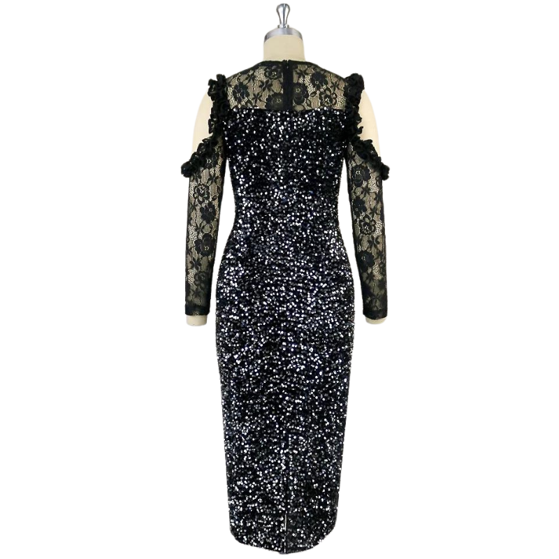 Schwarzes Pailletten-Kleid mit Spitzenärmeln
