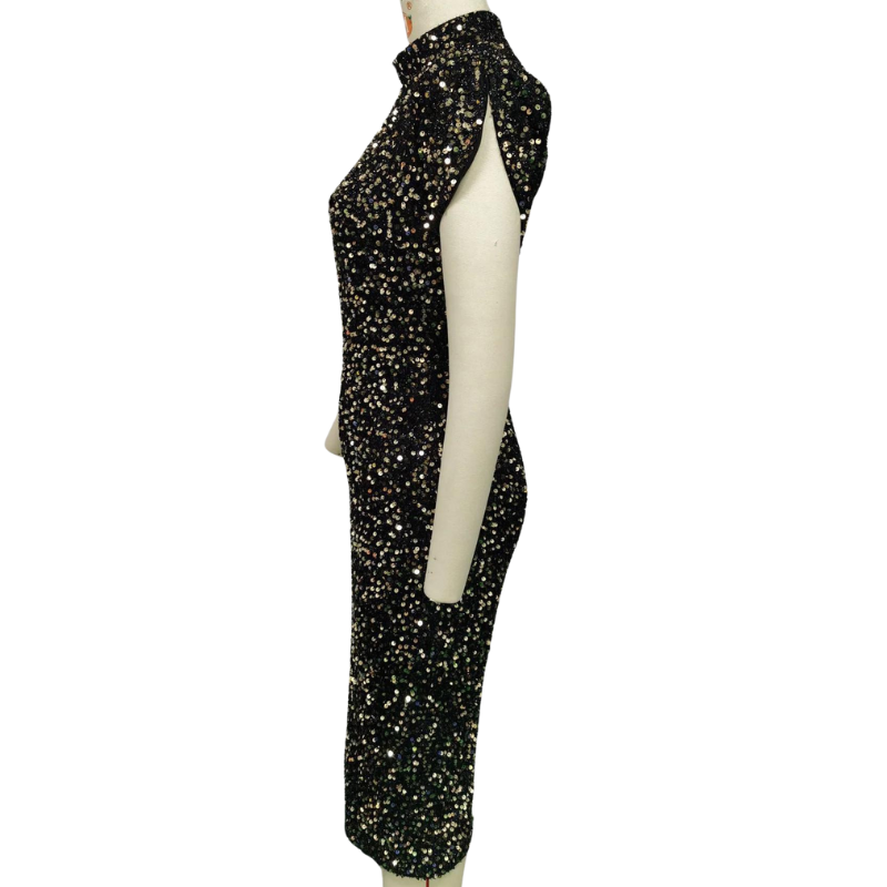 Schwarzes Pailletten-Kleid mit kurzen Ärmeln
