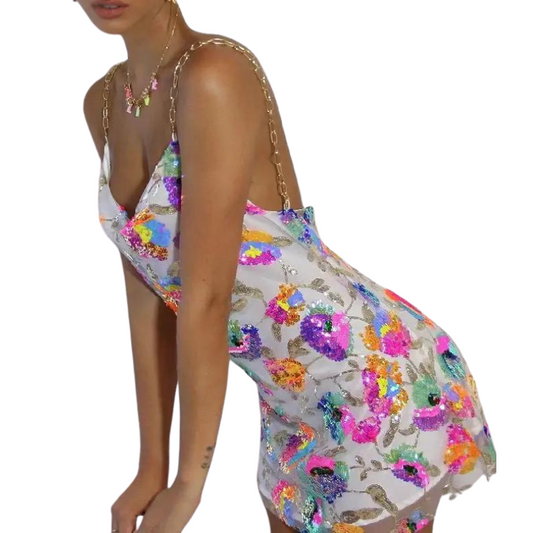 Paillettenkleid mit Rückenausschnitt Blumen Träger Kette