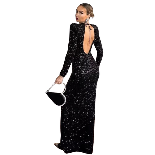 Lange schwarze Abendrobe mit offener Rückseite und Pailletten