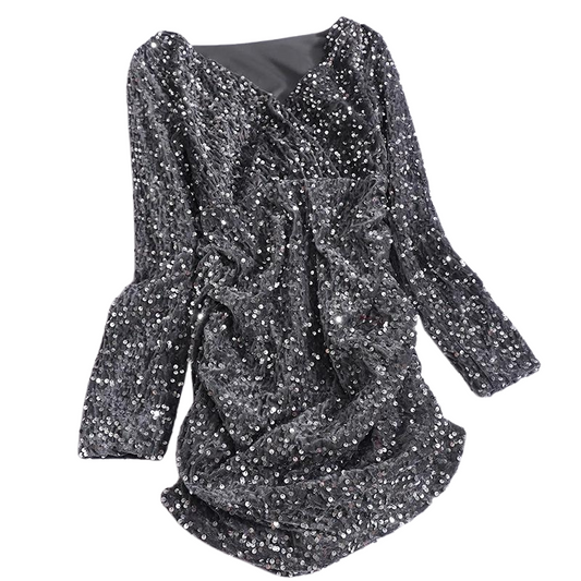 V-Ausschnitt Pailletten Kleid mit langen Ärmeln