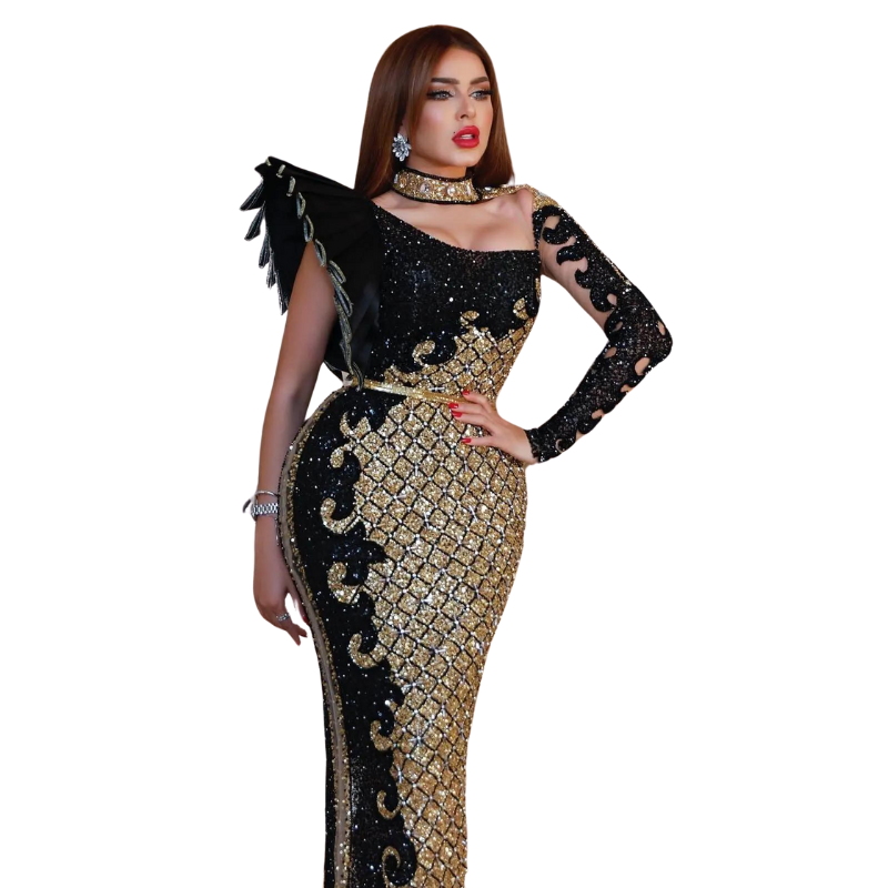 Elegantes Abendkleid mit Pailletten Schwarz Gold