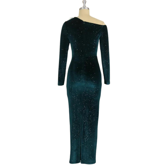 Abendkleid mit Pailletten aus Samt in Grün