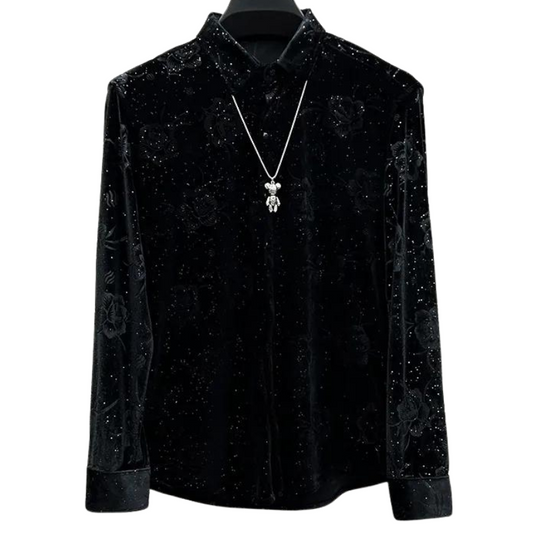 Herren Pailletten Samt Hemd
