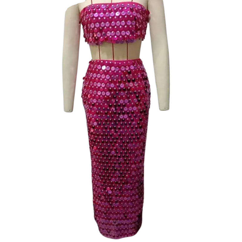 Jumpsuit mit Rock und Top aus Pailletten in Rosa