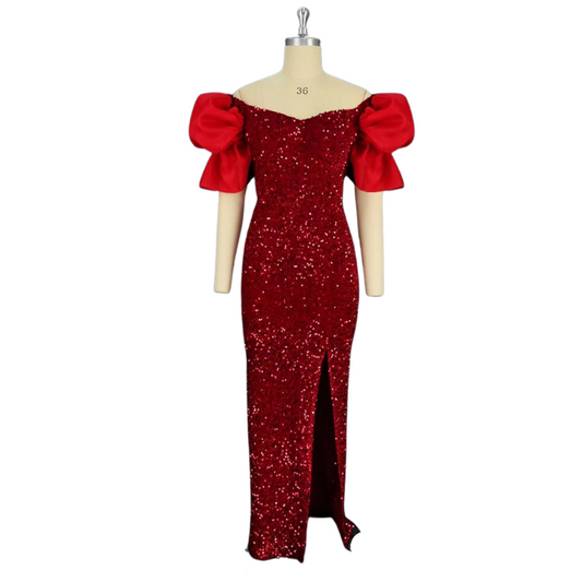 Robe mit seitlichem Schlitz, Pailletten, Puffärmel