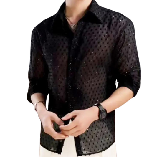 Hemd für Herren mit schwarzen Pailletten und transparentem Design