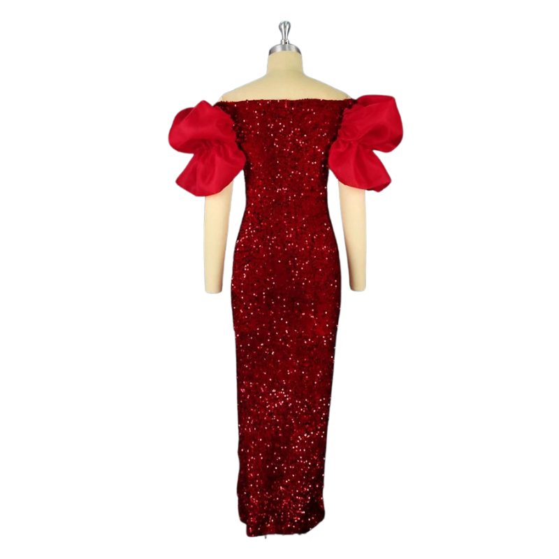 Robe mit seitlichem Schlitz, Pailletten, Puffärmel