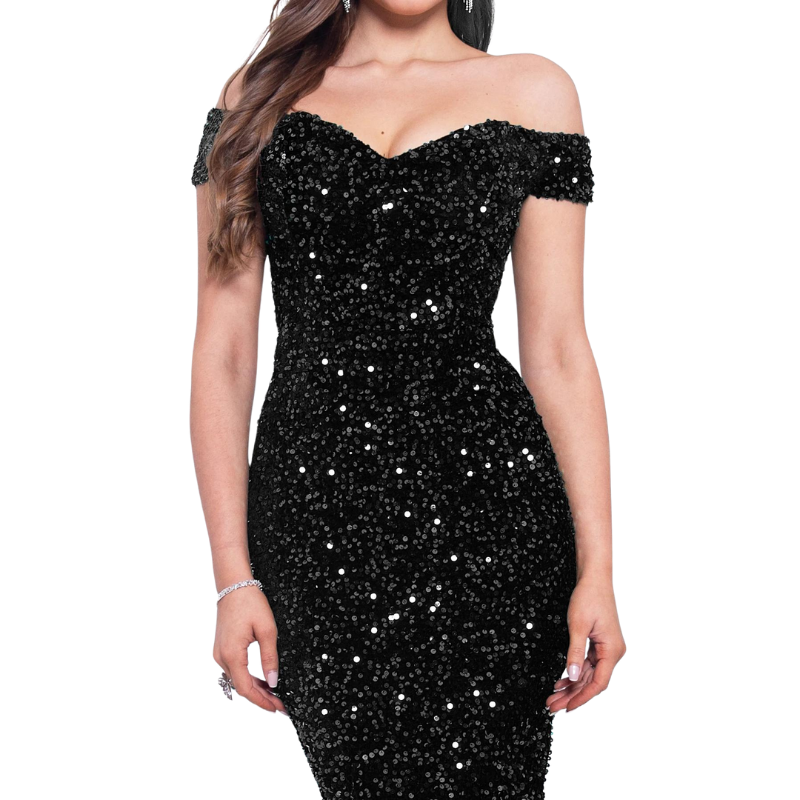 Langärmliges Paillette Kleid mit freier Schulter