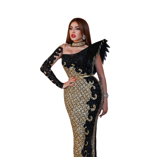 Elegantes Abendkleid mit Pailletten Schwarz Gold