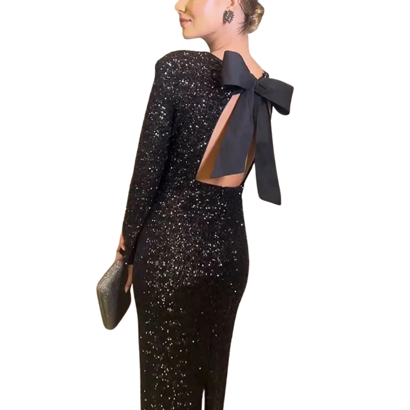 Abendkleid Schwarz Pailletten Rücken Schleife