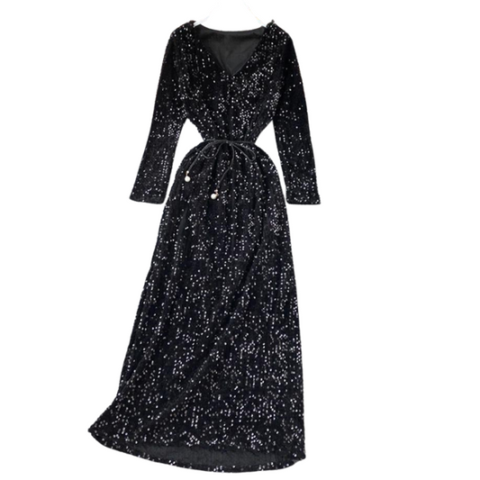 Kleid mit Pailletten, V-Ausschnitt und Schnürung in der Taille