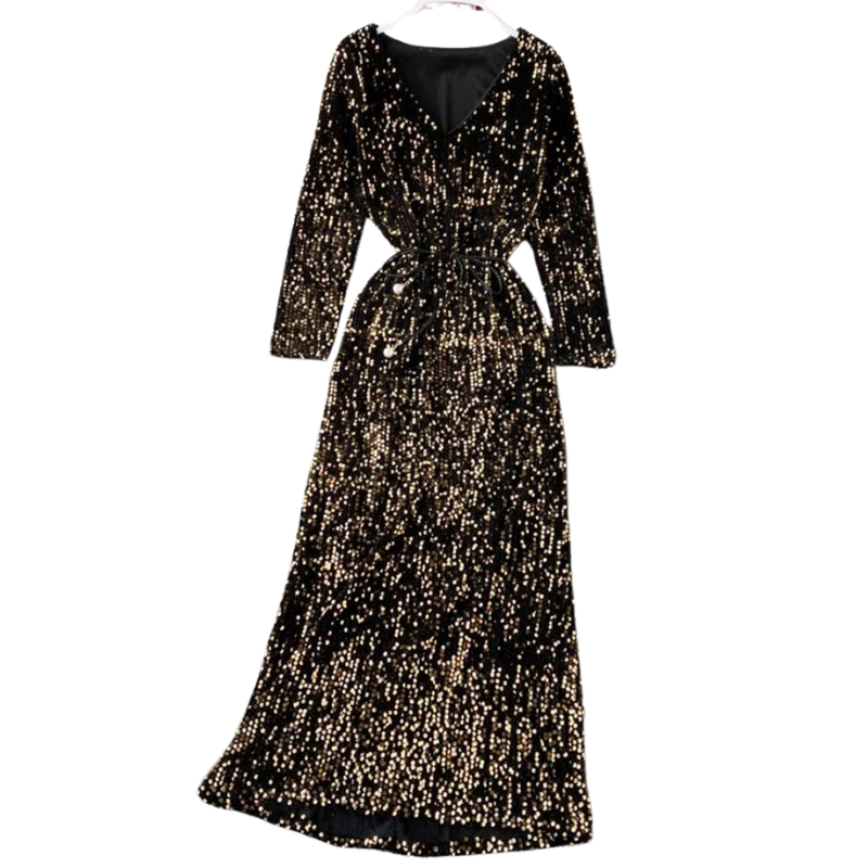 Kleid mit Pailletten, V-Ausschnitt und Schnürung in der Taille