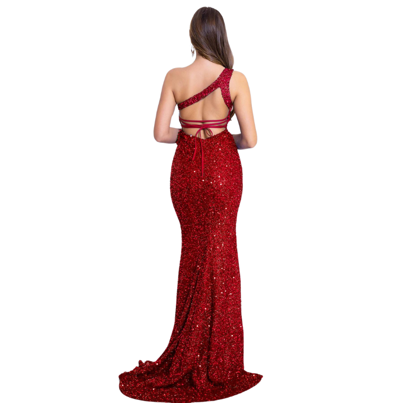 Abendkleid mit Pailletten, Schlitz, ein Schulterfrei