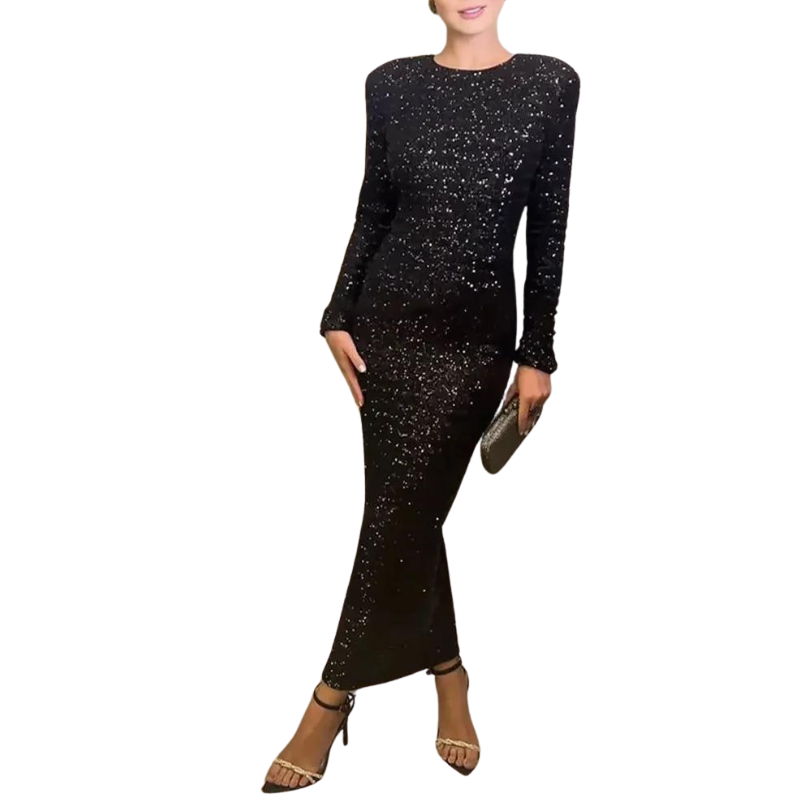 Abendkleid Schwarz Pailletten Rücken Schleife