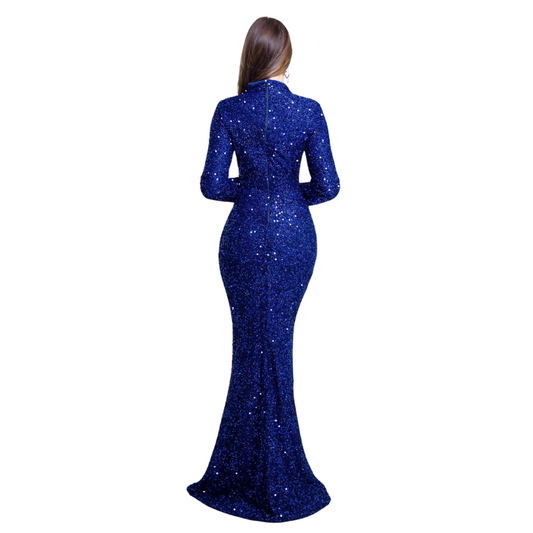 Abendkleid mit Pailletten, Blau, mit offener Brust