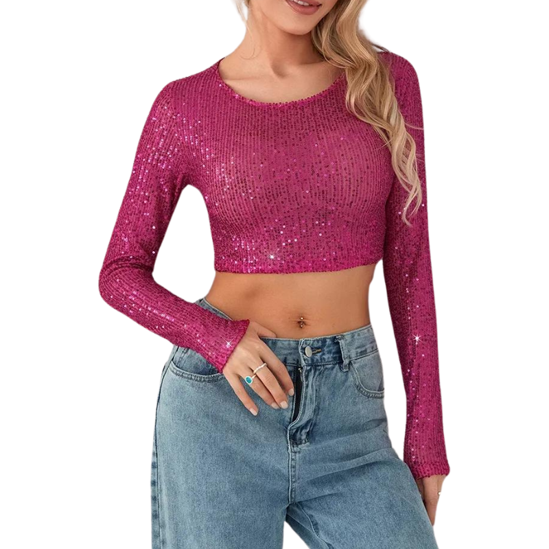 Crop Top Pailletten Lange Ärmel