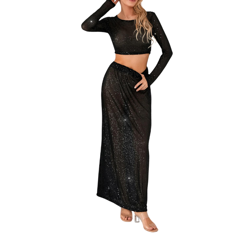 Crop Top Pailletten Lange Ärmel