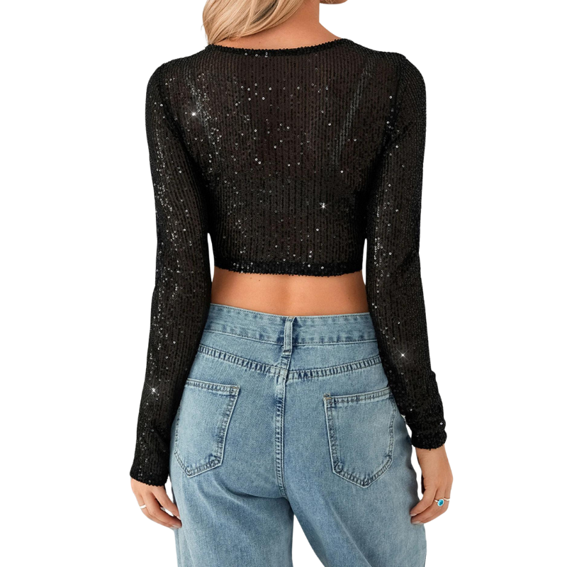 Crop Top Pailletten Lange Ärmel