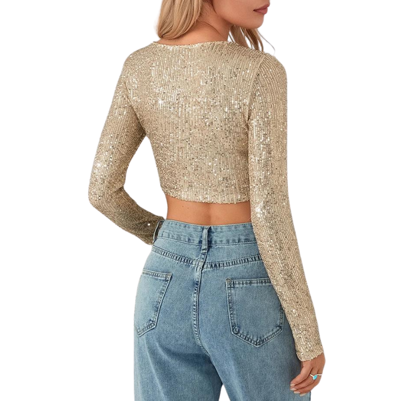 Crop Top Pailletten Lange Ärmel