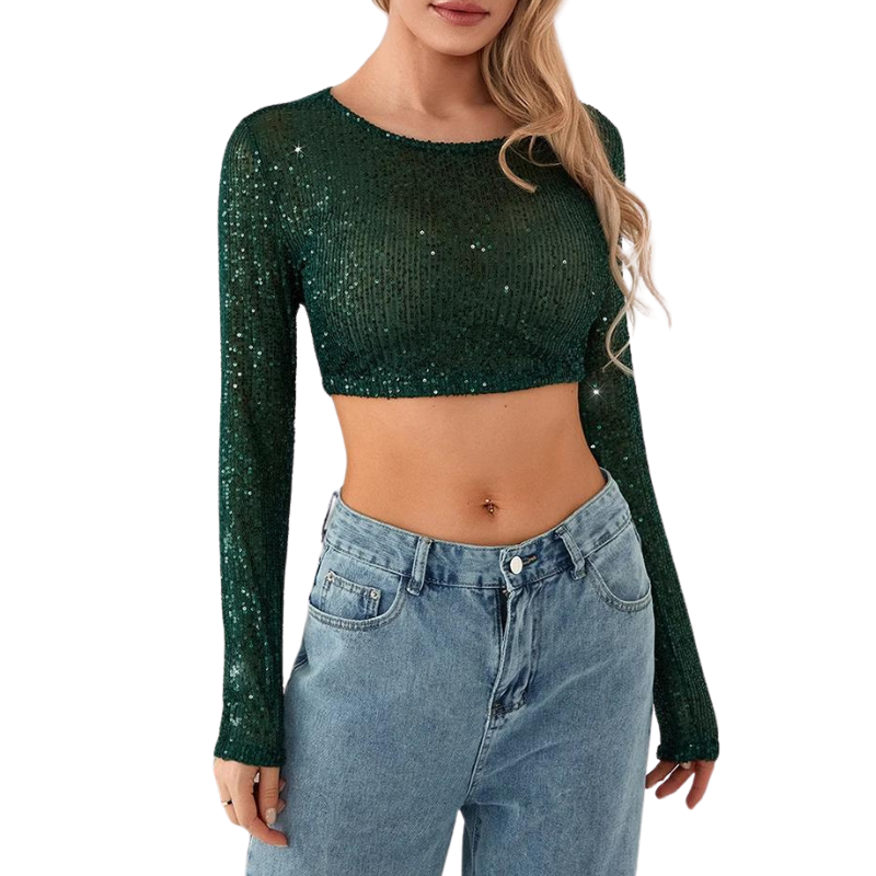 Crop Top Pailletten Lange Ärmel