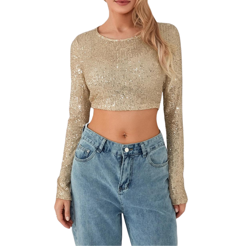 Crop Top Pailletten Lange Ärmel