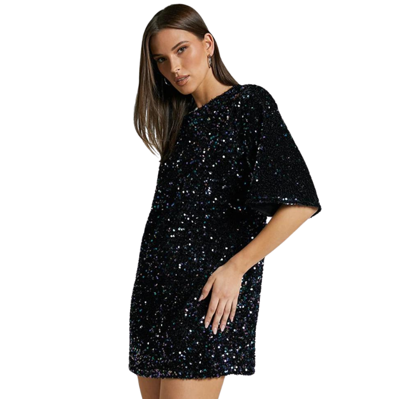 Pailletten-T-Shirt-Kleid mit offenem Rücken
