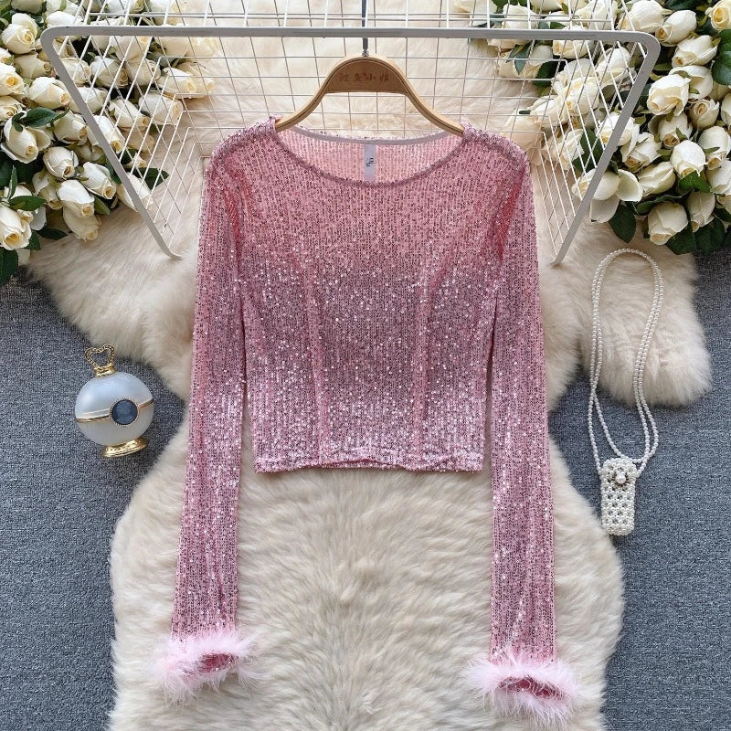 Top Paillette Langarm Federn