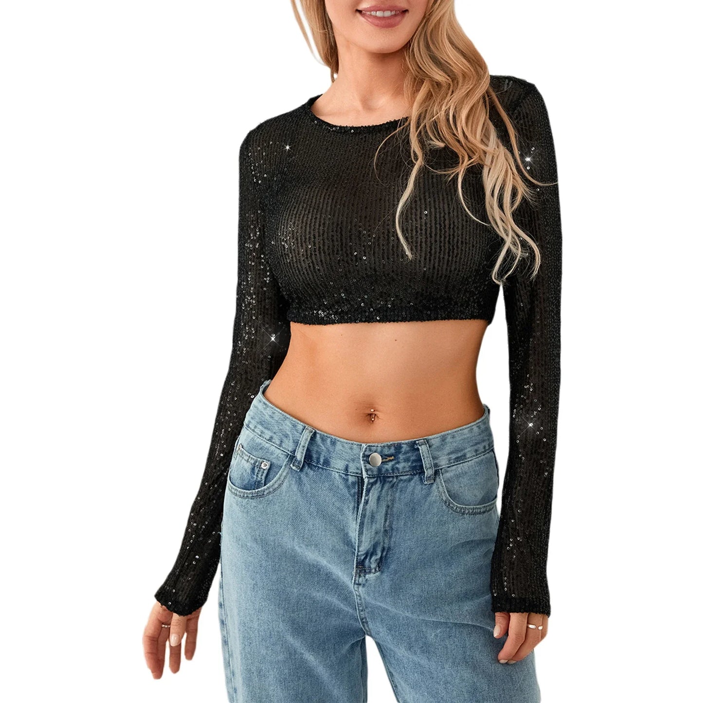 Crop Top Pailletten Lange Ärmel