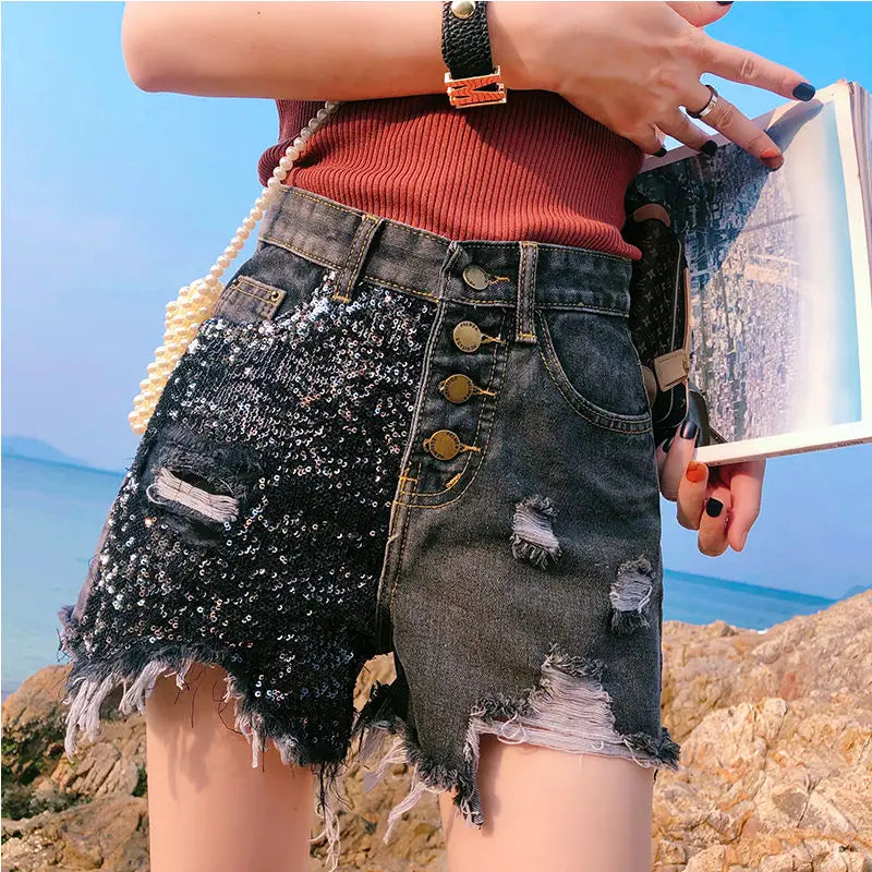 Kurze graue Jeans mit Pailletten für Damen