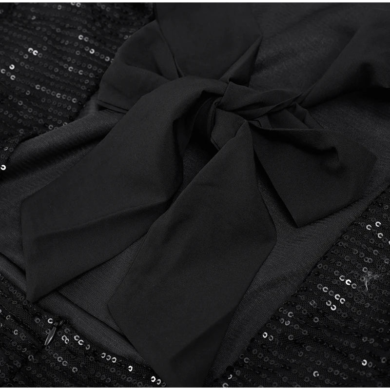 Abendkleid Schwarz Pailletten Rücken Schleife