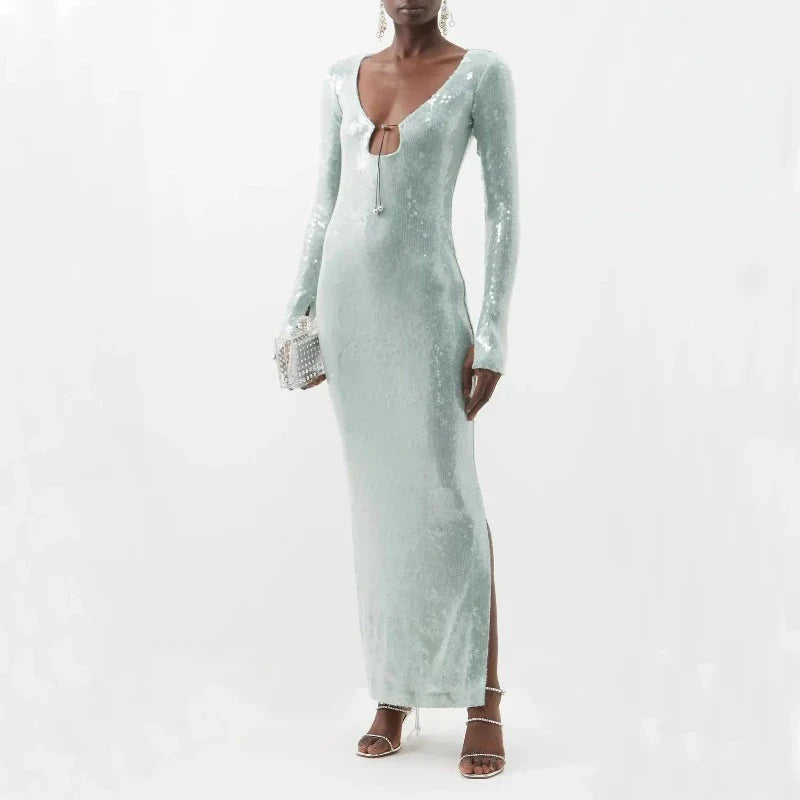 Langes Pailletten-Kleid mit Schnürung am Brustbereich