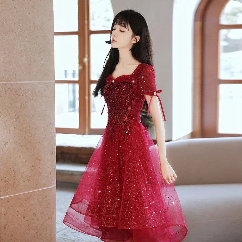 Rote Pailletten Tüll Abendkleid