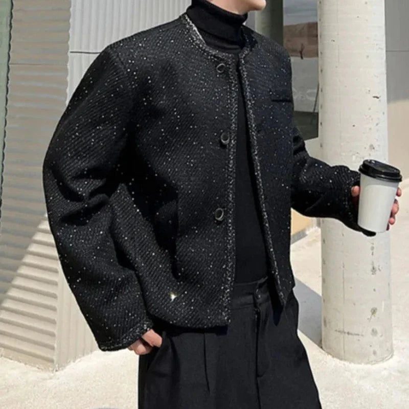 Herren Pailletten Jacke Schwarzer Rundhalsausschnitt