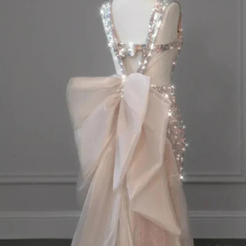Pink Pailletten Tüll Kleid mit Schleife