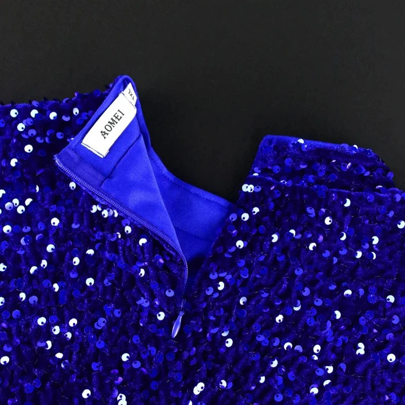 Abendskleid Pailletten Blau Pompons und Fransen