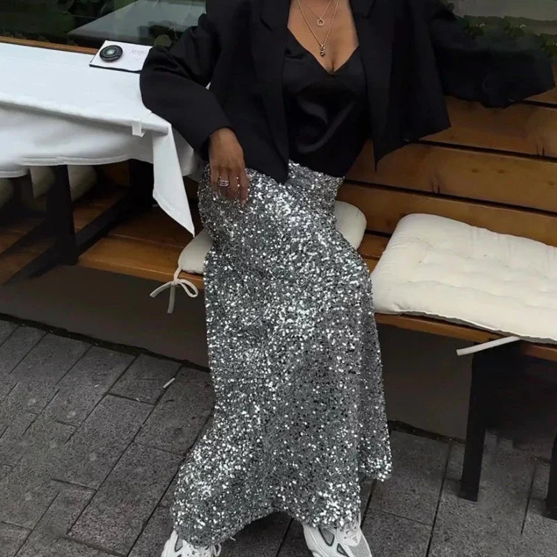 Lange Paillettenkleid mit Elastischer Taille