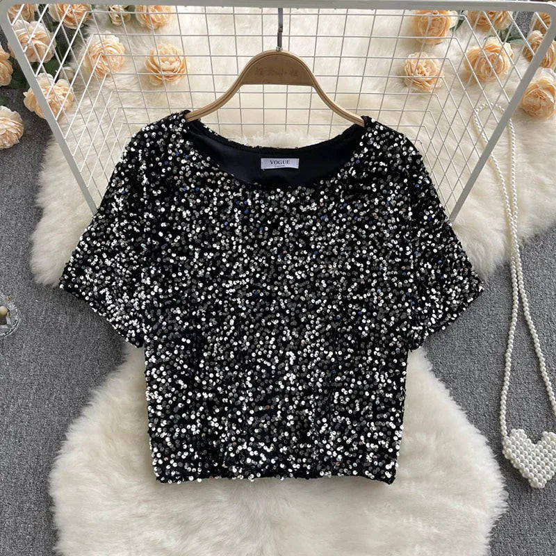Kurzes Pailletten-T-Shirt für Damen