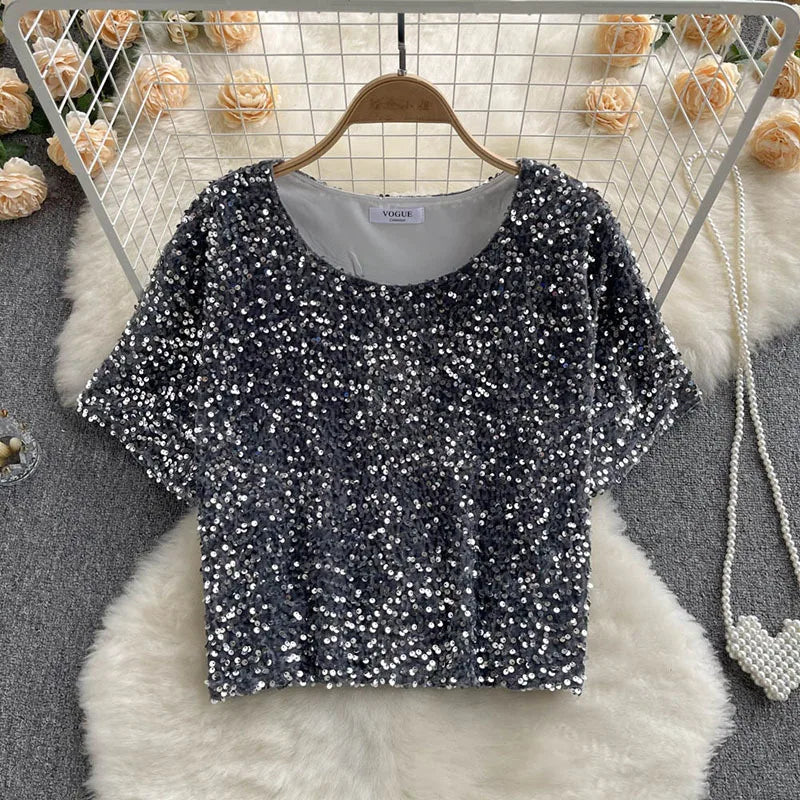 Kurzes Pailletten-T-Shirt für Damen