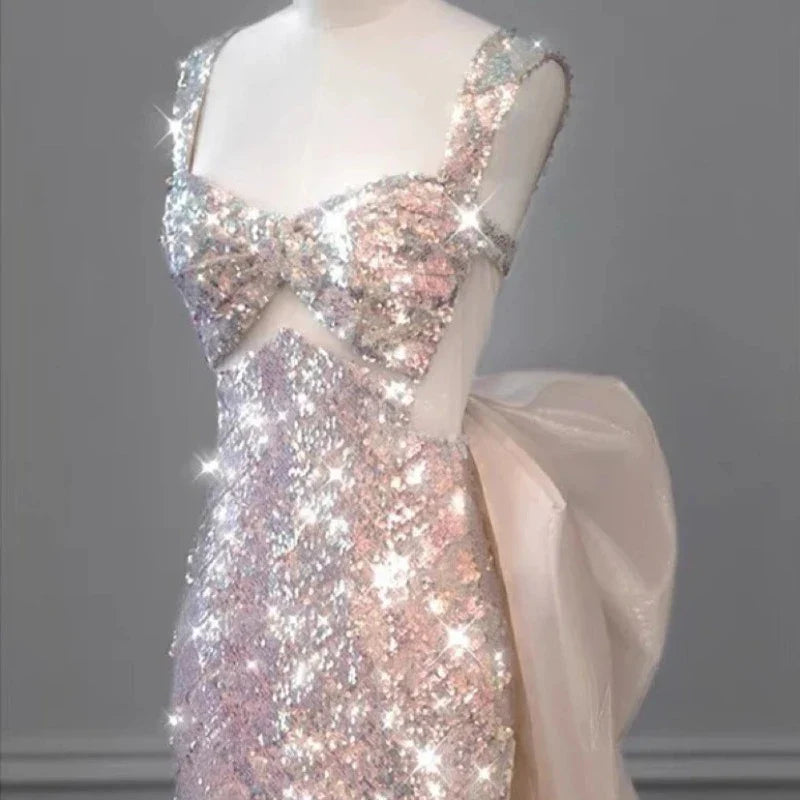 Pink Pailletten Tüll Kleid mit Schleife
