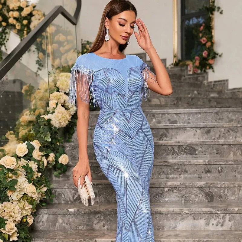 Abendkleid mit Pailletten Blau Schulterfransen