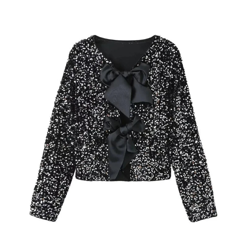 T-Shirt Pailletten Schleifen-Design Damen