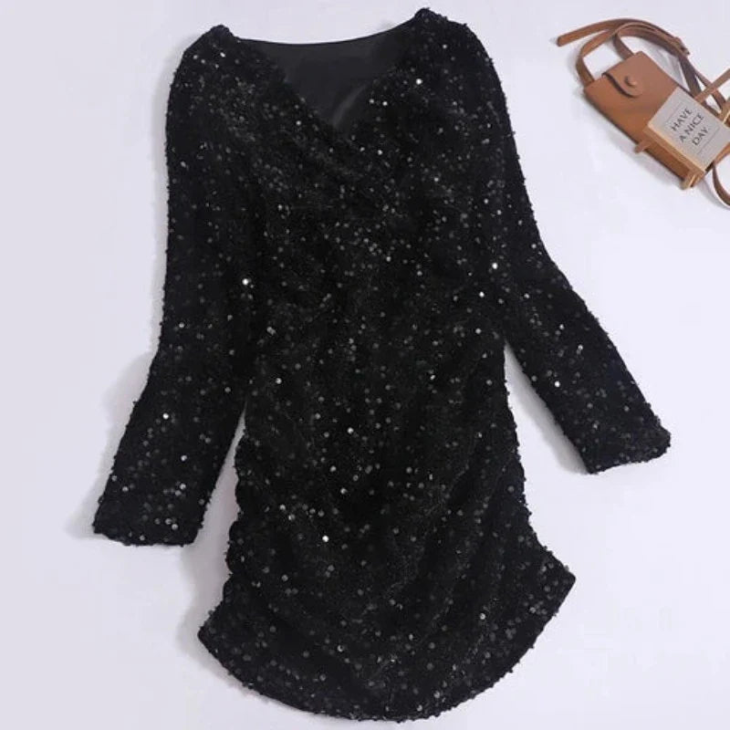 V-Ausschnitt Pailletten Kleid mit langen Ärmeln